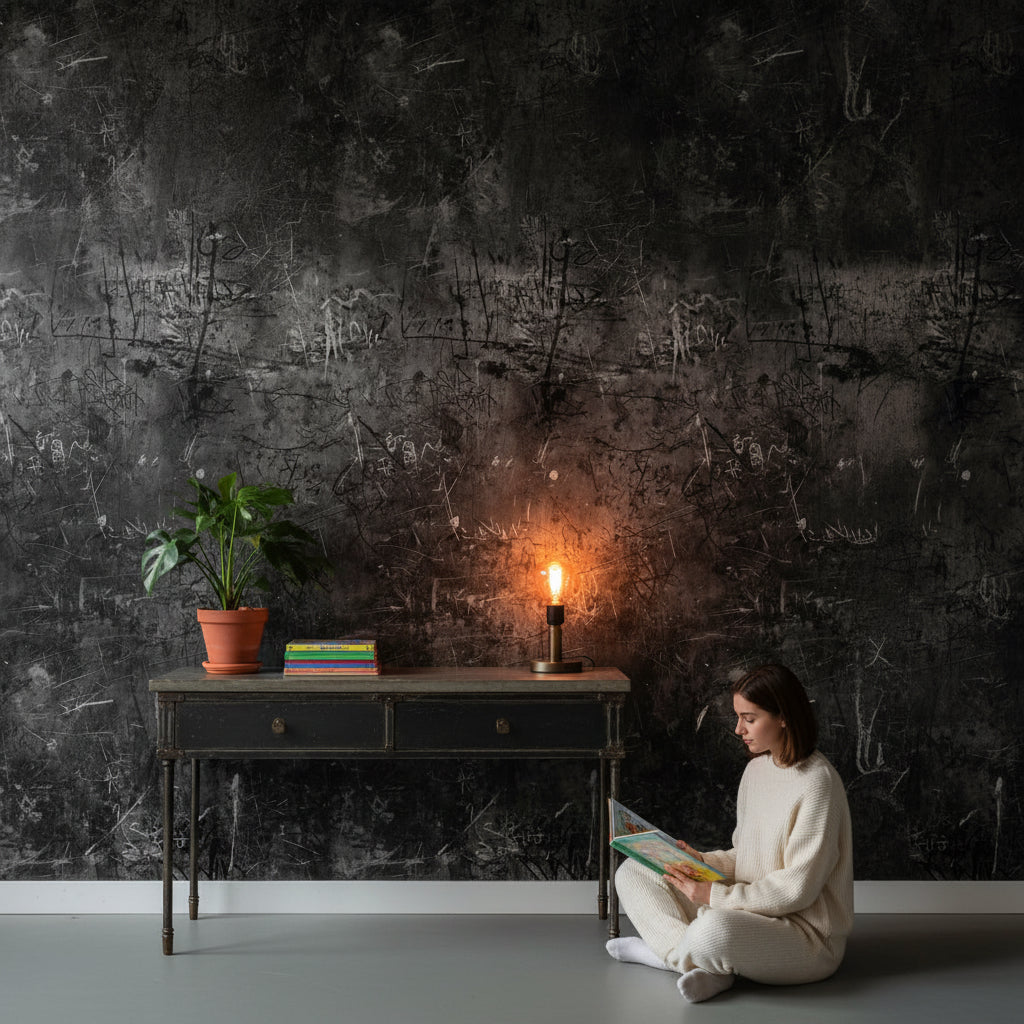 Grafiti Desenli Beton Duvar Kağıdı Koyu Gri Endüstriyel Salon