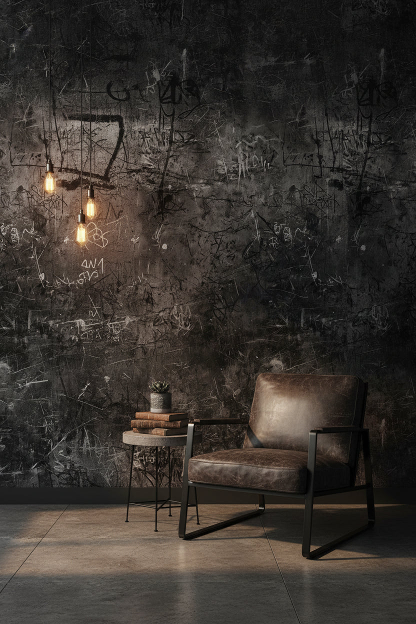 Grafiti Desenli Beton Duvar Kağıdı Koyu Gri Endüstriyel Salon