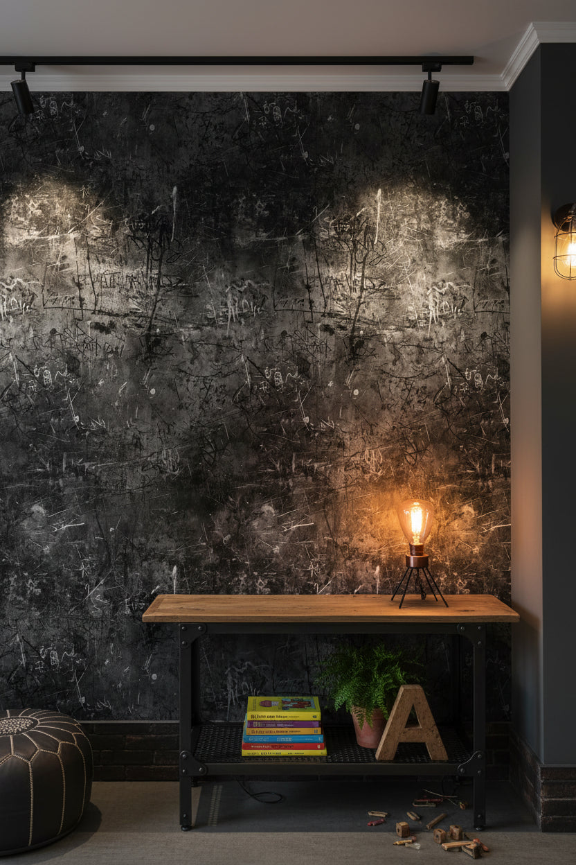 Grafiti Desenli Beton Duvar Kağıdı Koyu Gri Endüstriyel Salon