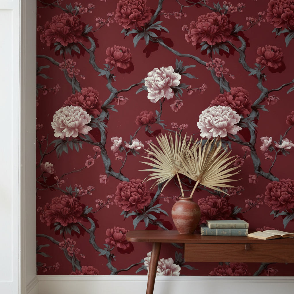Bordo Çiçekli Duvar Kağıdı Vintage Şakayık Desenli Salon