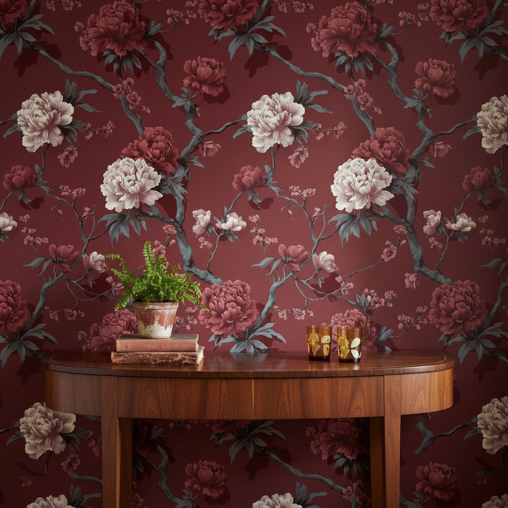 Bordo Çiçekli Duvar Kağıdı Vintage Şakayık Desenli Salon