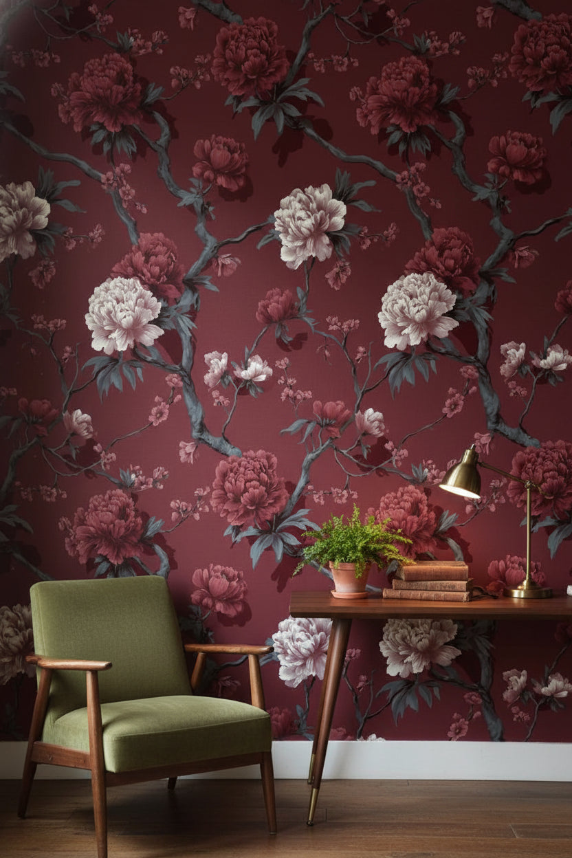 Bordo Çiçekli Duvar Kağıdı Vintage Şakayık Desenli Salon