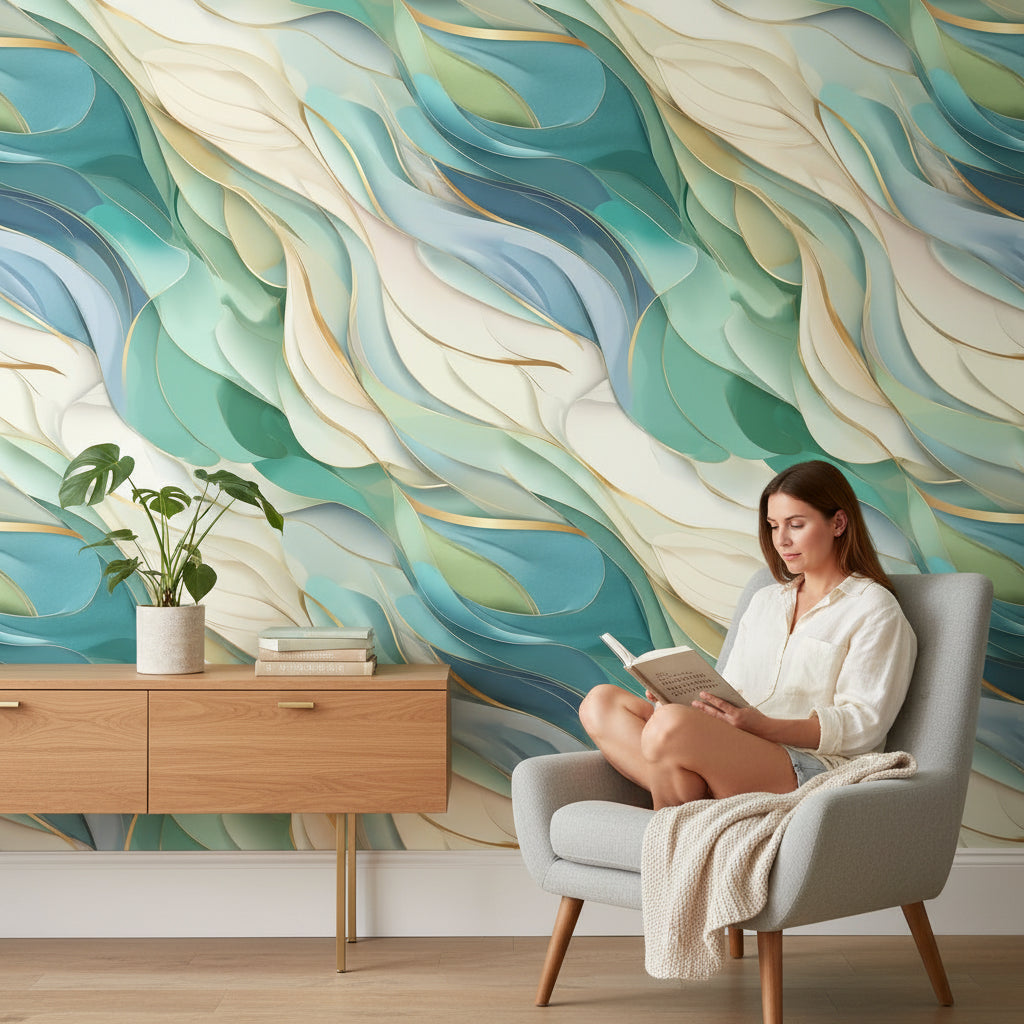 Soyut Dalga Desenli Duvar Kağıdı Yeşil Bej Modern Salon