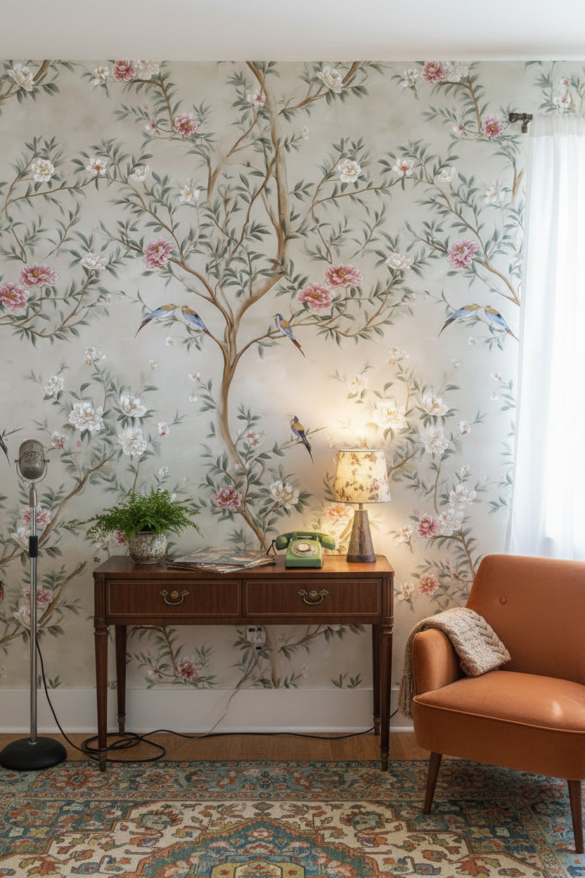 Çiçekli Kuşlu Duvar Kağıdı Bej Fonlu Vintage Salon
