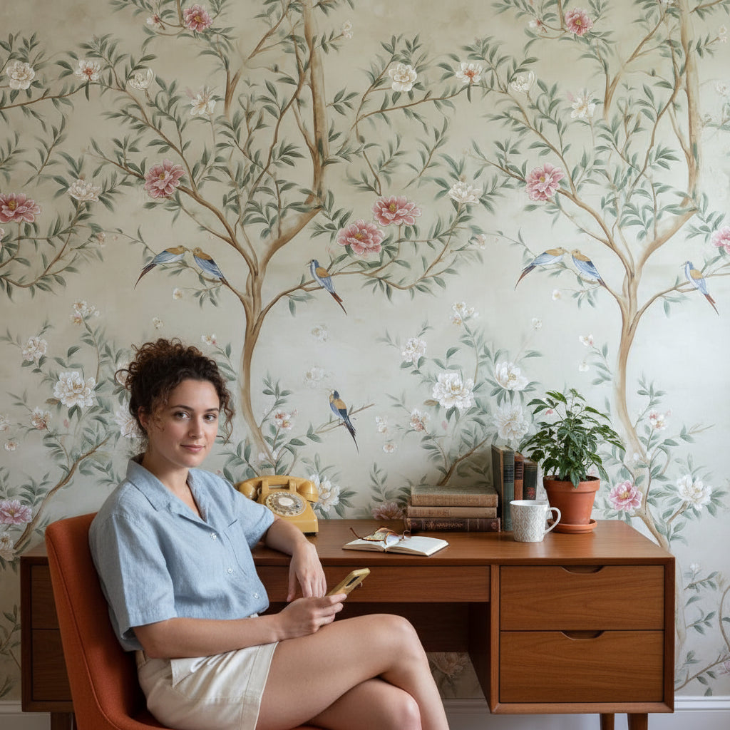 Çiçekli Kuşlu Duvar Kağıdı Bej Fonlu Vintage Salon