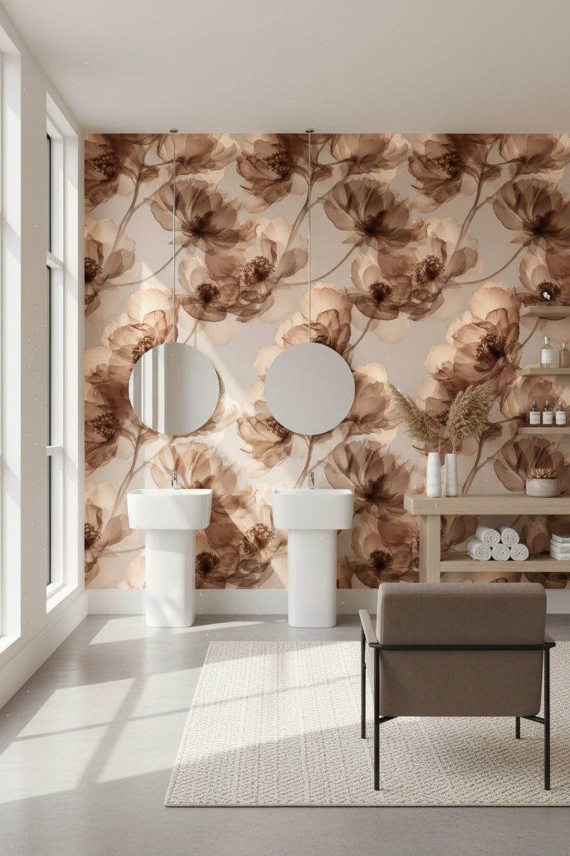 Sepya Sulu Boya Çiçekli Duvar Kağıdı Bej Salon