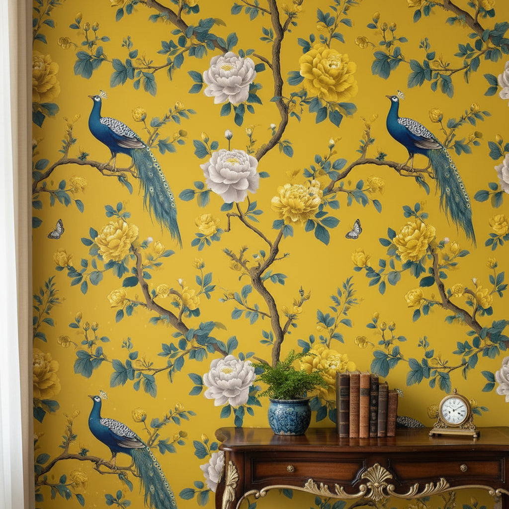 Tavus Kuşlu Çiçek Desenli Duvar Kağıdı Sarı Vintage Salon