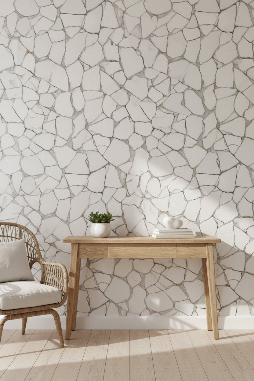 Beyaz Taş Desenli Duvar Kağıdı Modern Salon Duvar Dekoru