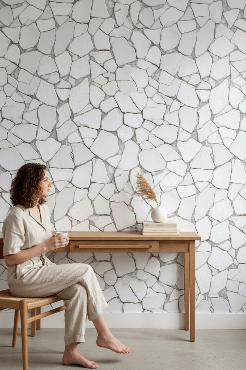 Beyaz Taş Desenli Duvar Kağıdı Modern Salon Duvar Dekoru