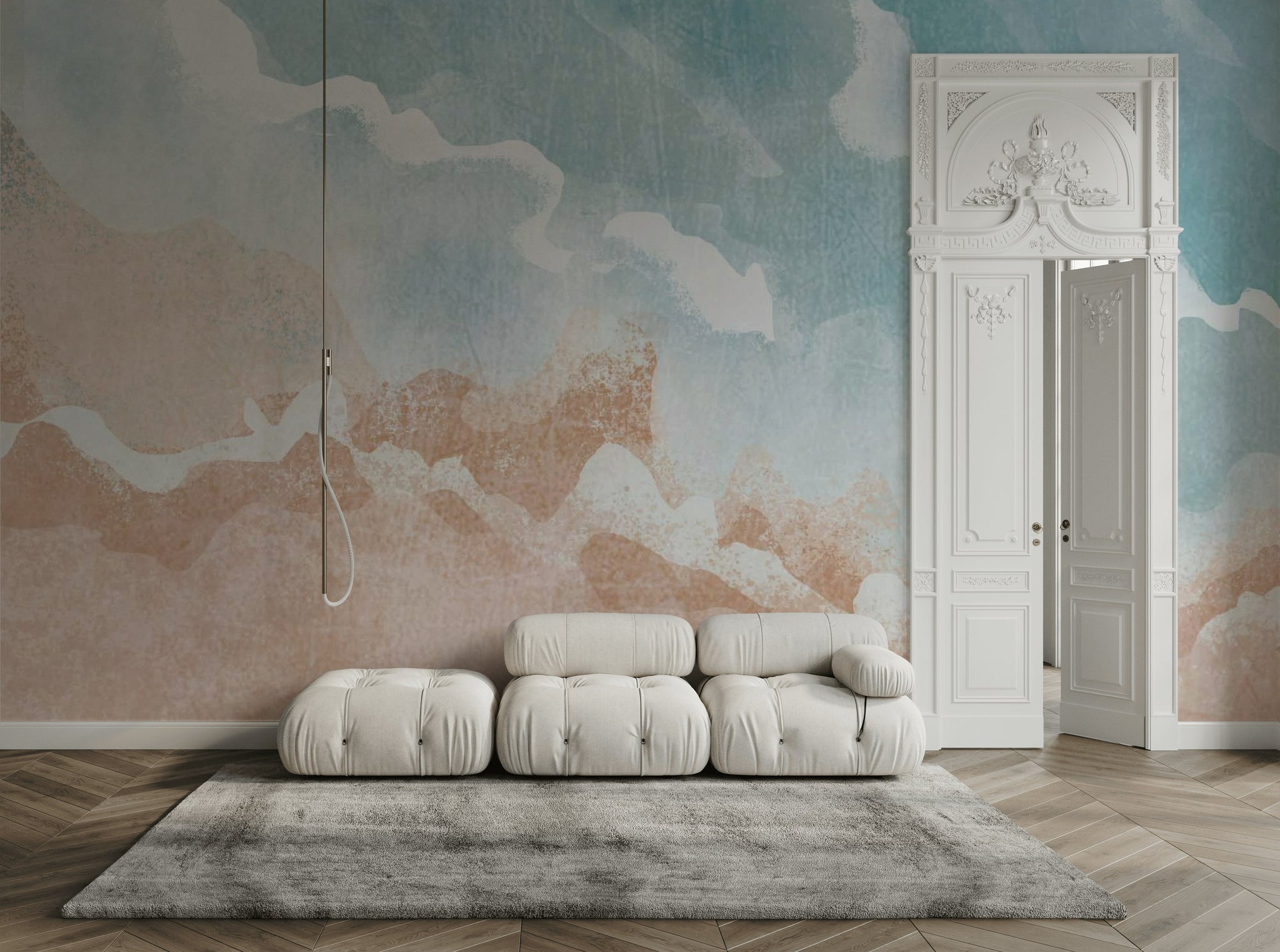 Soyut Pastel Desenli Poster Duvar Kağıdı Mavi Bej Salon