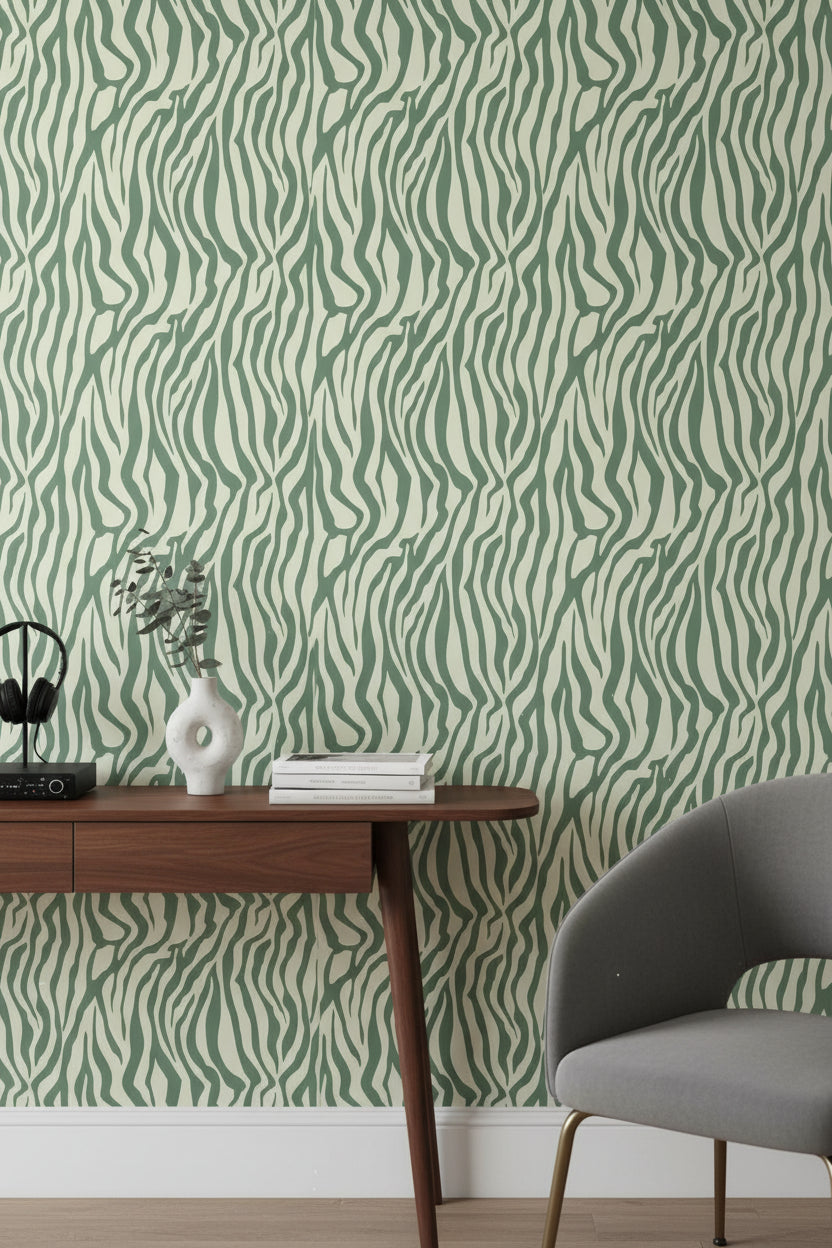 Zebra Desenli Duvar Kağıdı Yeşil Modern Salon Dekoru