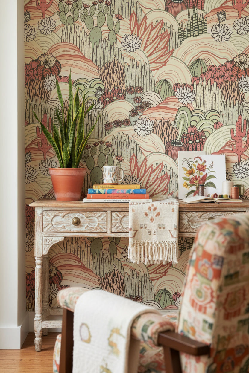 Kaktüs ve Çöl Desenli Duvar Kağıdı Bej Terracotta