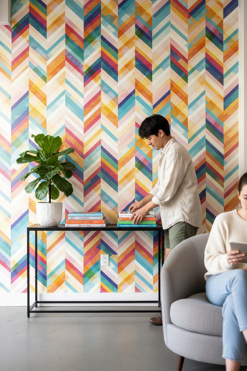 Renkli Zikzak Geometrik Duvar Kağıdı Modern Salon Dekoru
