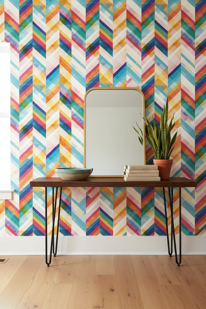 Renkli Zikzak Geometrik Duvar Kağıdı Modern Salon Dekoru