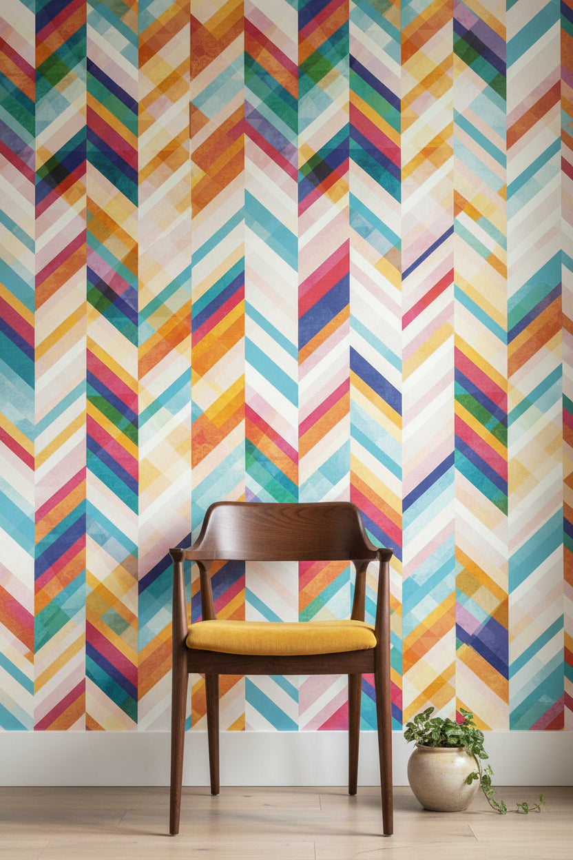 Renkli Zikzak Geometrik Duvar Kağıdı Modern Salon Dekoru