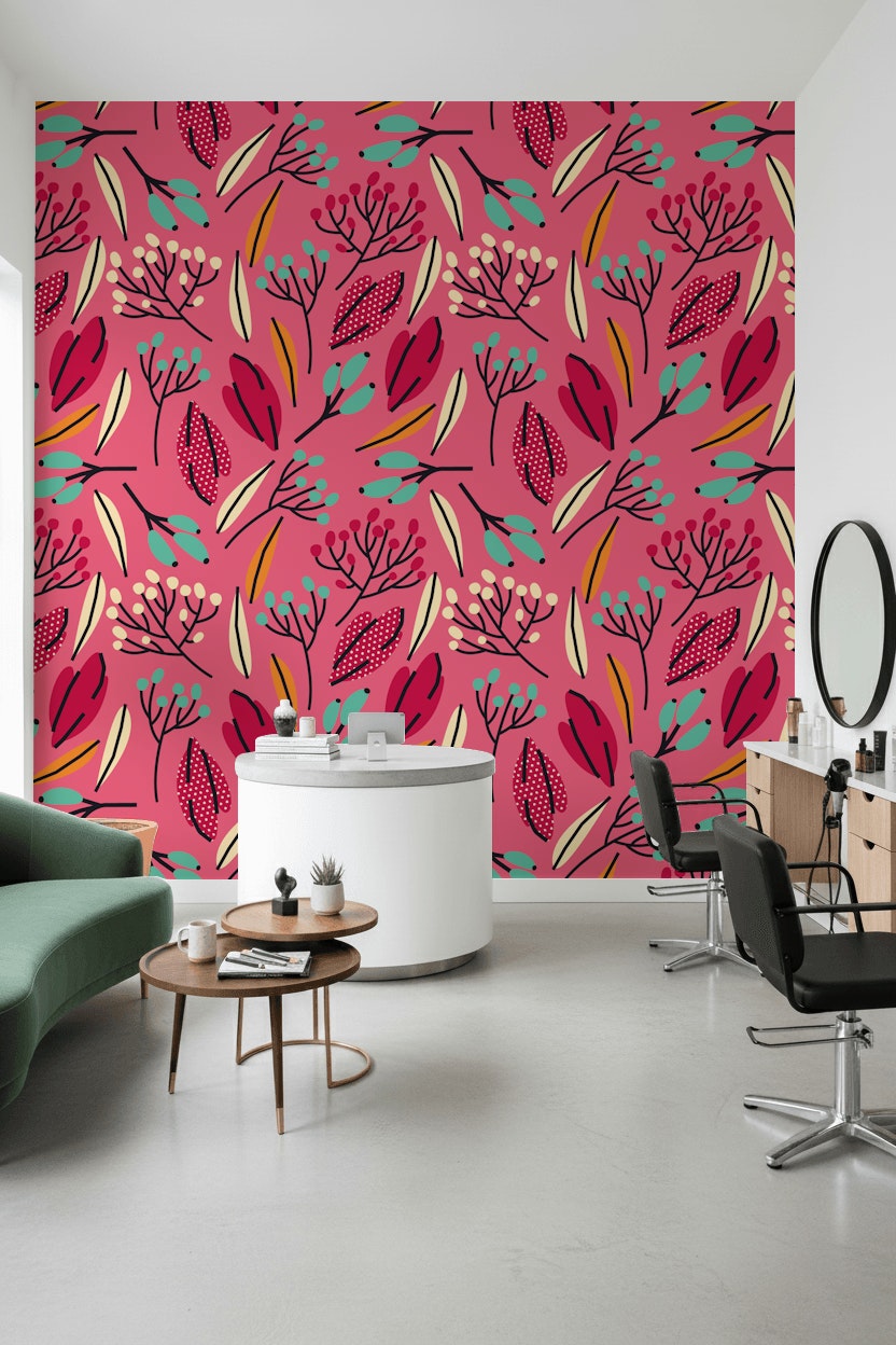 Yaprak ve Dal Desenli Duvar Kağıdı Fuşya Modern