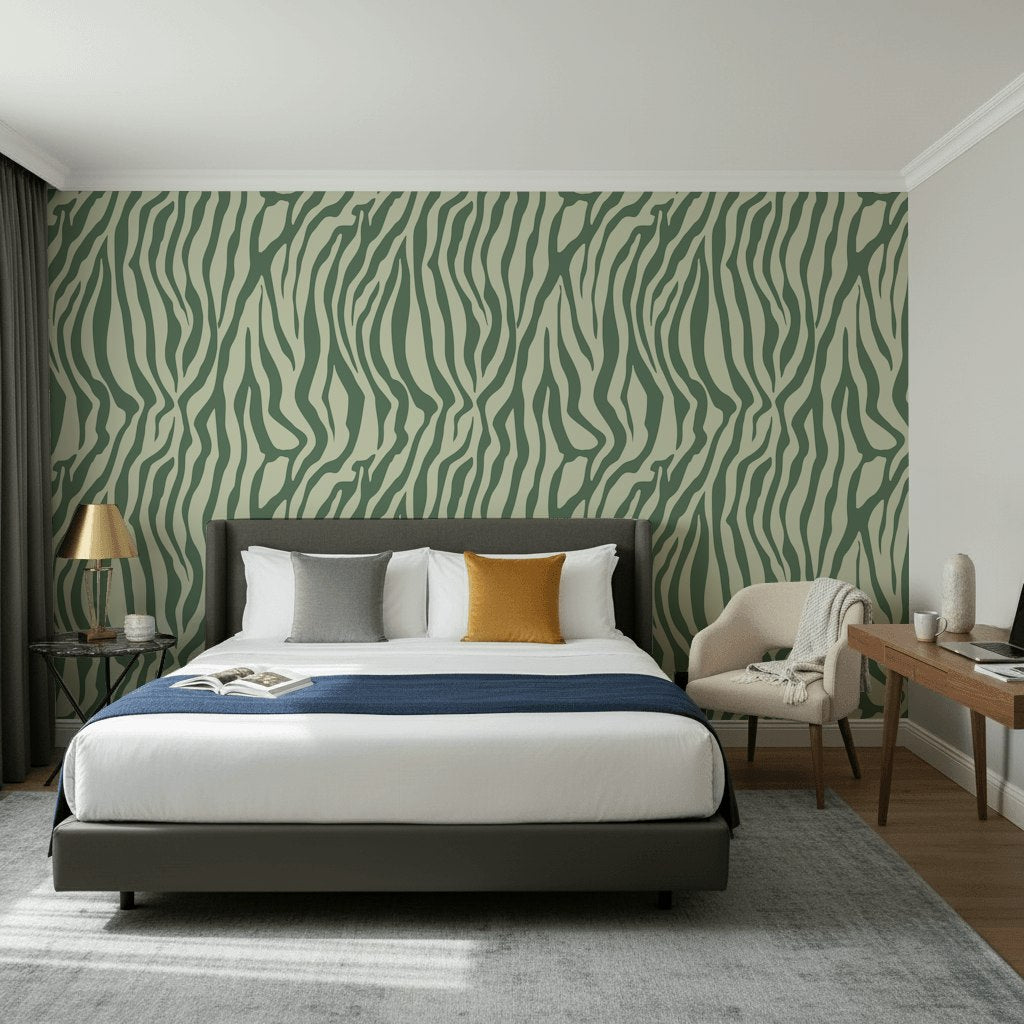 Zebra Desenli Duvar Kağıdı Yeşil Modern Salon Dekoru