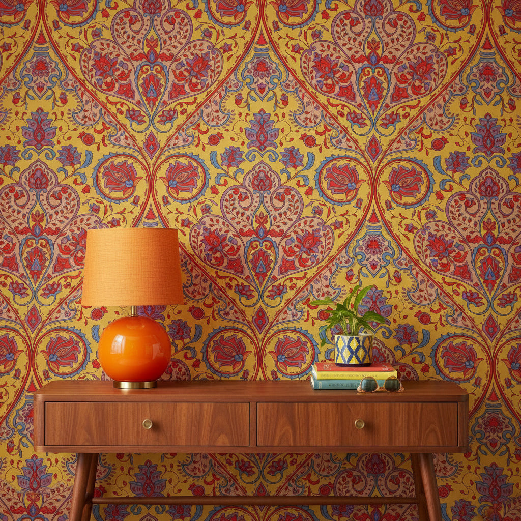 Osmanlı Motifli Duvar Kağıdı Sarı Kırmızı Çini Desen