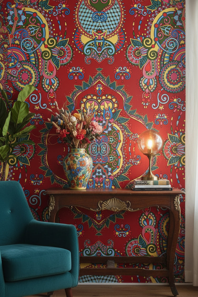 Mandala Desenli Duvar Kağıdı Kırmızı Bohem Renkli Salon