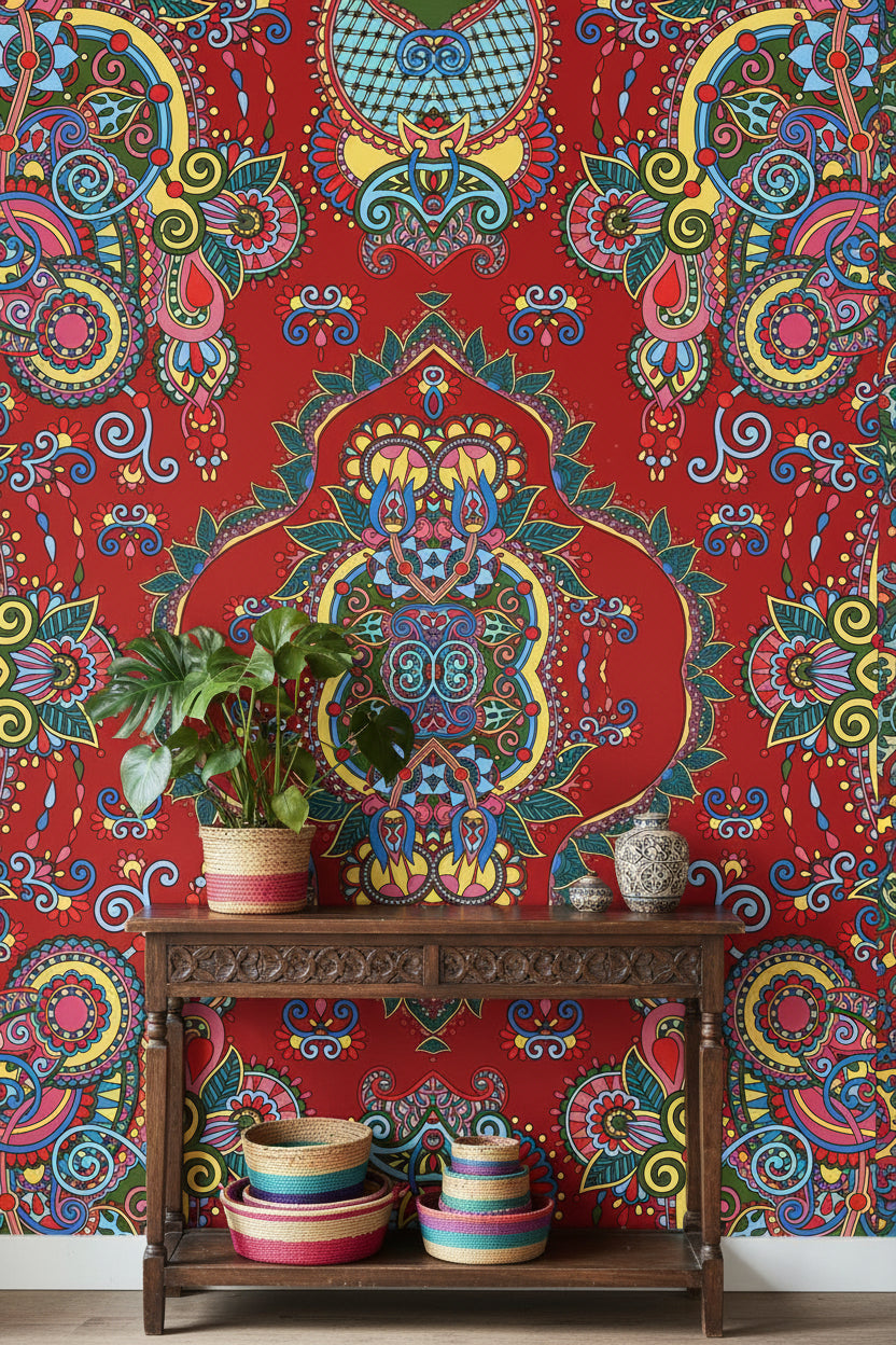 Mandala Desenli Duvar Kağıdı Kırmızı Bohem Renkli Salon