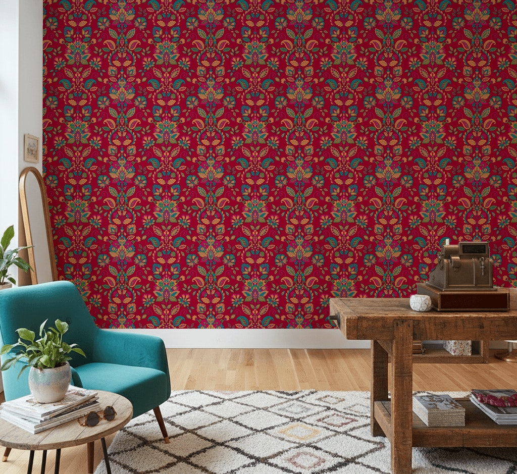 Etnik Çiçek Desenli Duvar Kağıdı Bordo Klasik Salon