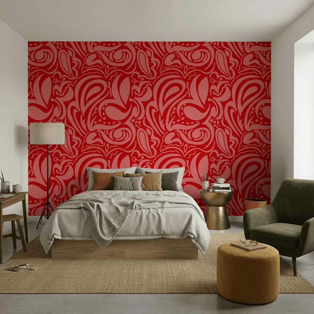 Kırmızı Damask Desenli Duvar Kağıdı Klasik Yatak Odası
