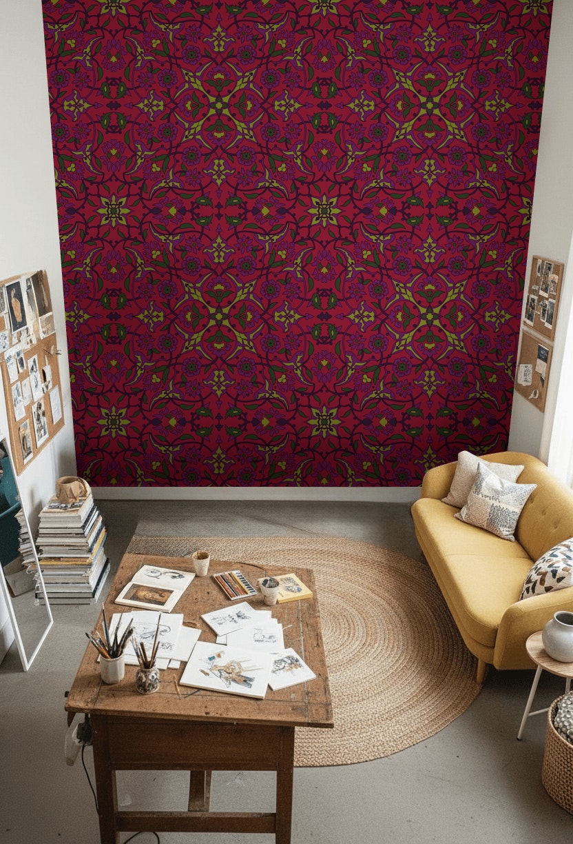 Osmanlı Çini Motifli Duvar Kağıdı Bordo Klasik Desen