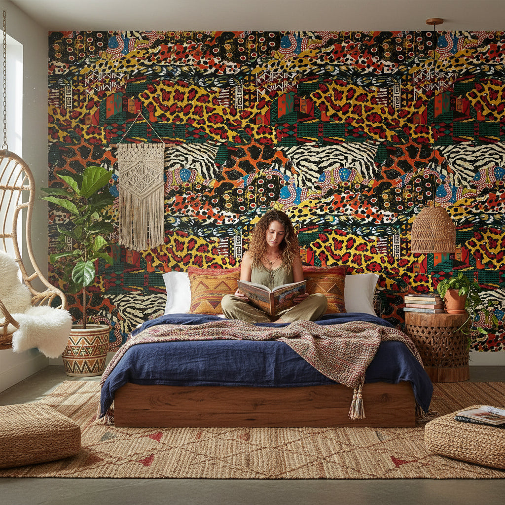 Etnik Leopar Desenli Duvar Kağıdı Sarı Kırmızı Salon