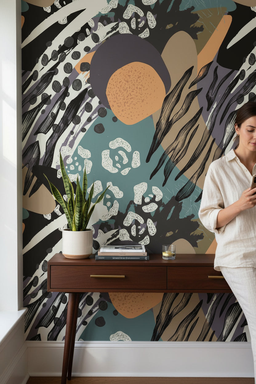 Soyut Desenli Duvar Kağıdı Yeşil Bej Modern Salon