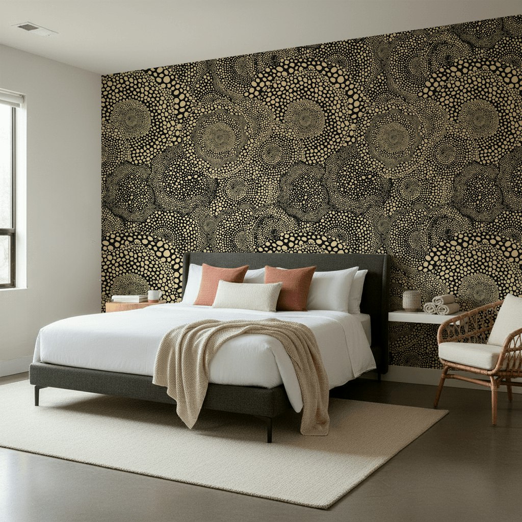 Soyut Noktalı Duvar Kağıdı Siyah Krem Modern Salon