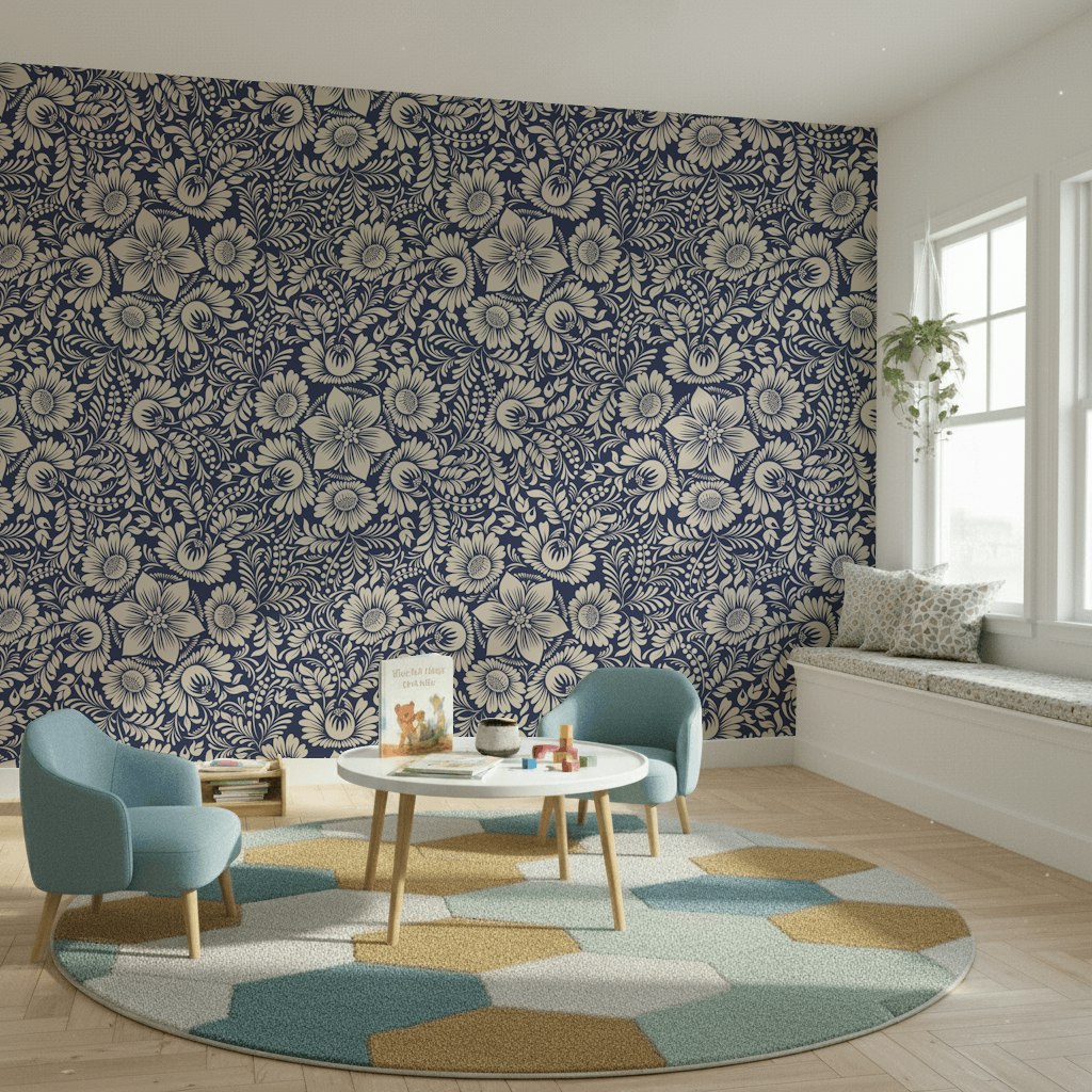 Lacivert Çiçek Desenli Duvar Kağıdı Krem Çizimli Salon