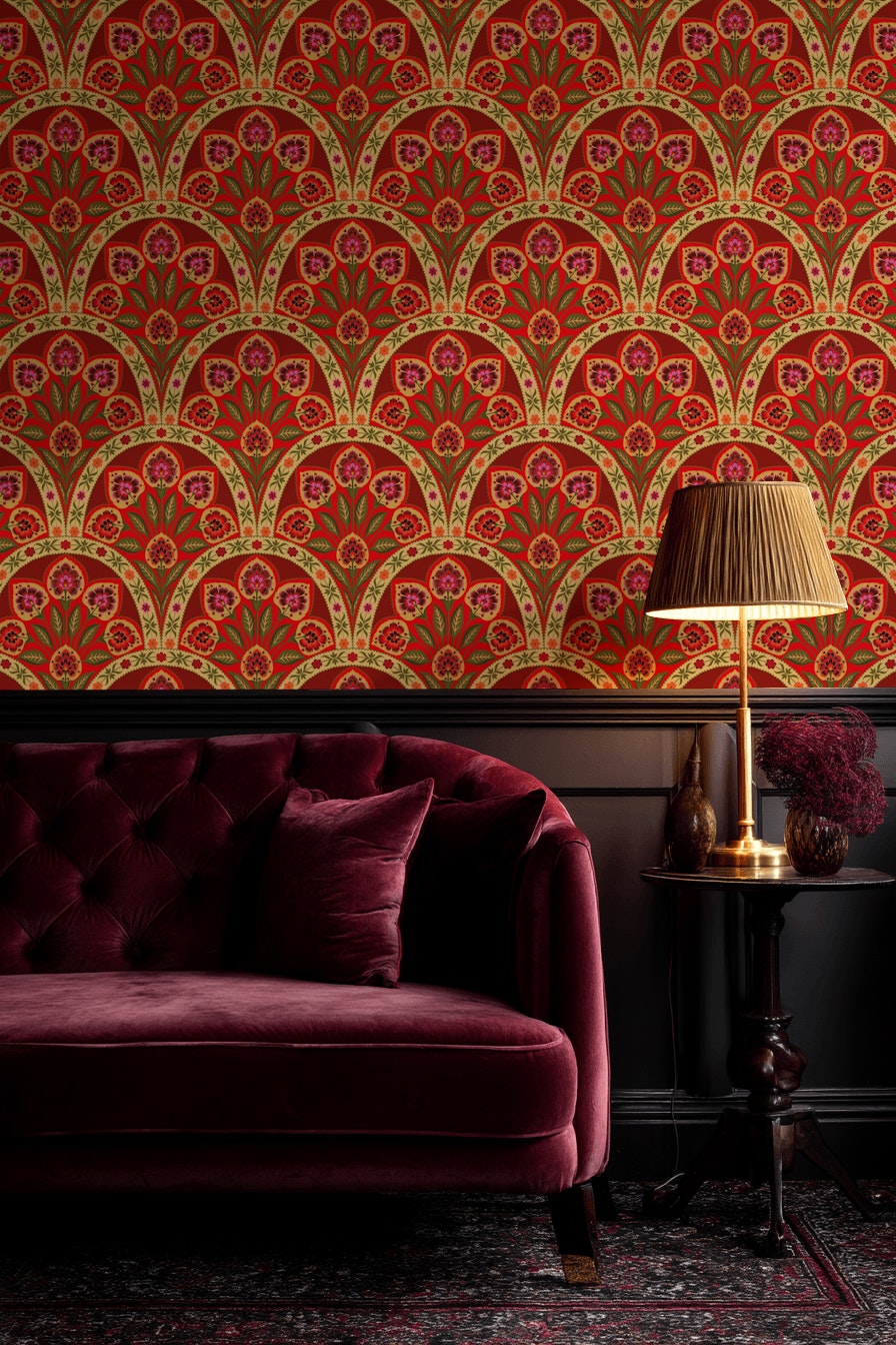 Osmanlı Motifli Duvar Kağıdı Kırmızı Çiçek Desenli Salon