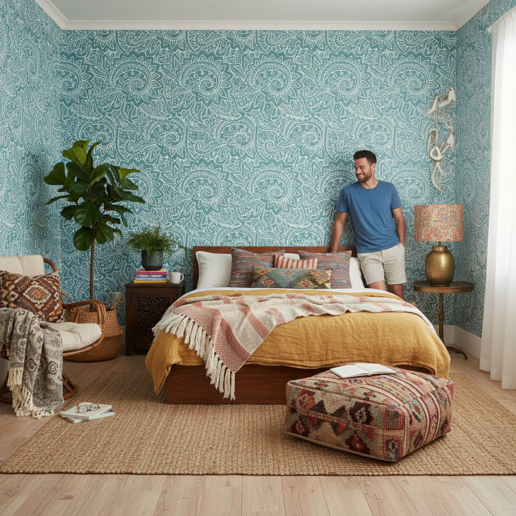 Turkuaz Paisley Desenli Duvar Kağıdı Klasik Salon Dekoru