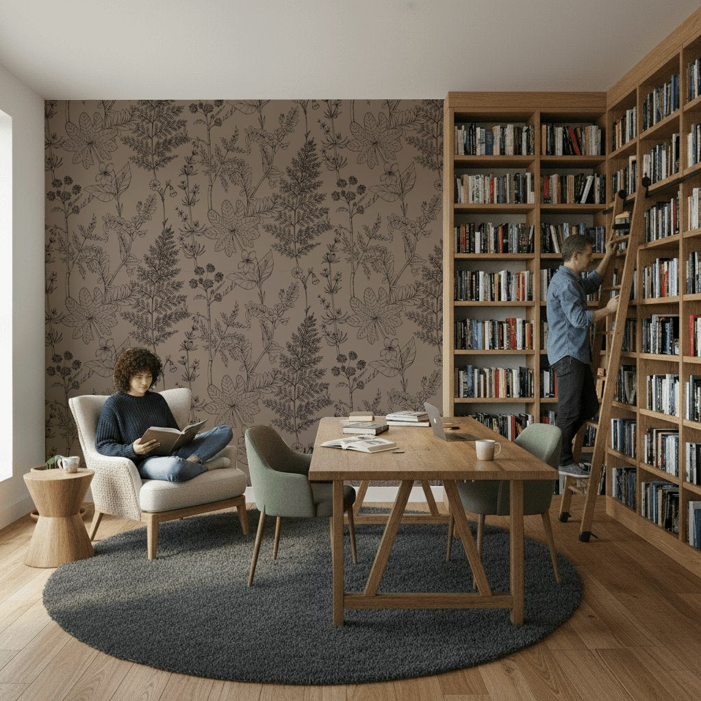 Çizim Botanik Desenli Duvar Kağıdı Bej Salon Dekoru