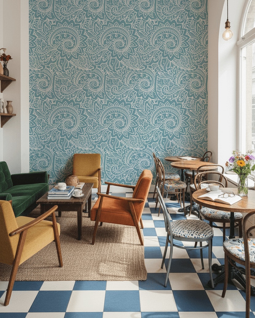 Turkuaz Paisley Desenli Duvar Kağıdı Klasik Salon Dekoru