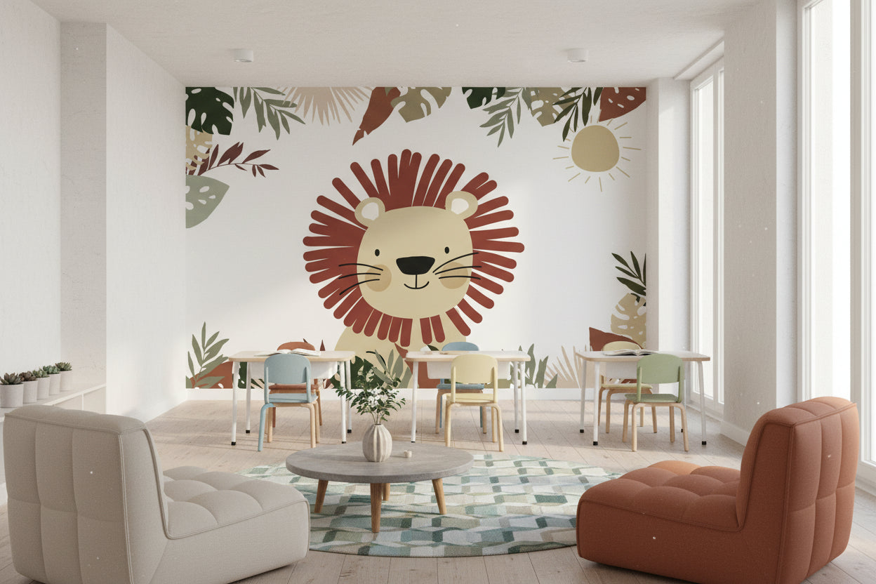 Aslanlı Safari Poster Duvar Kağıdı Yaprak Desenli Çocuk Odası