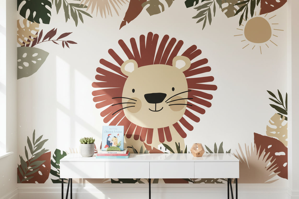 Aslanlı Safari Poster Duvar Kağıdı Yaprak Desenli Çocuk Odası