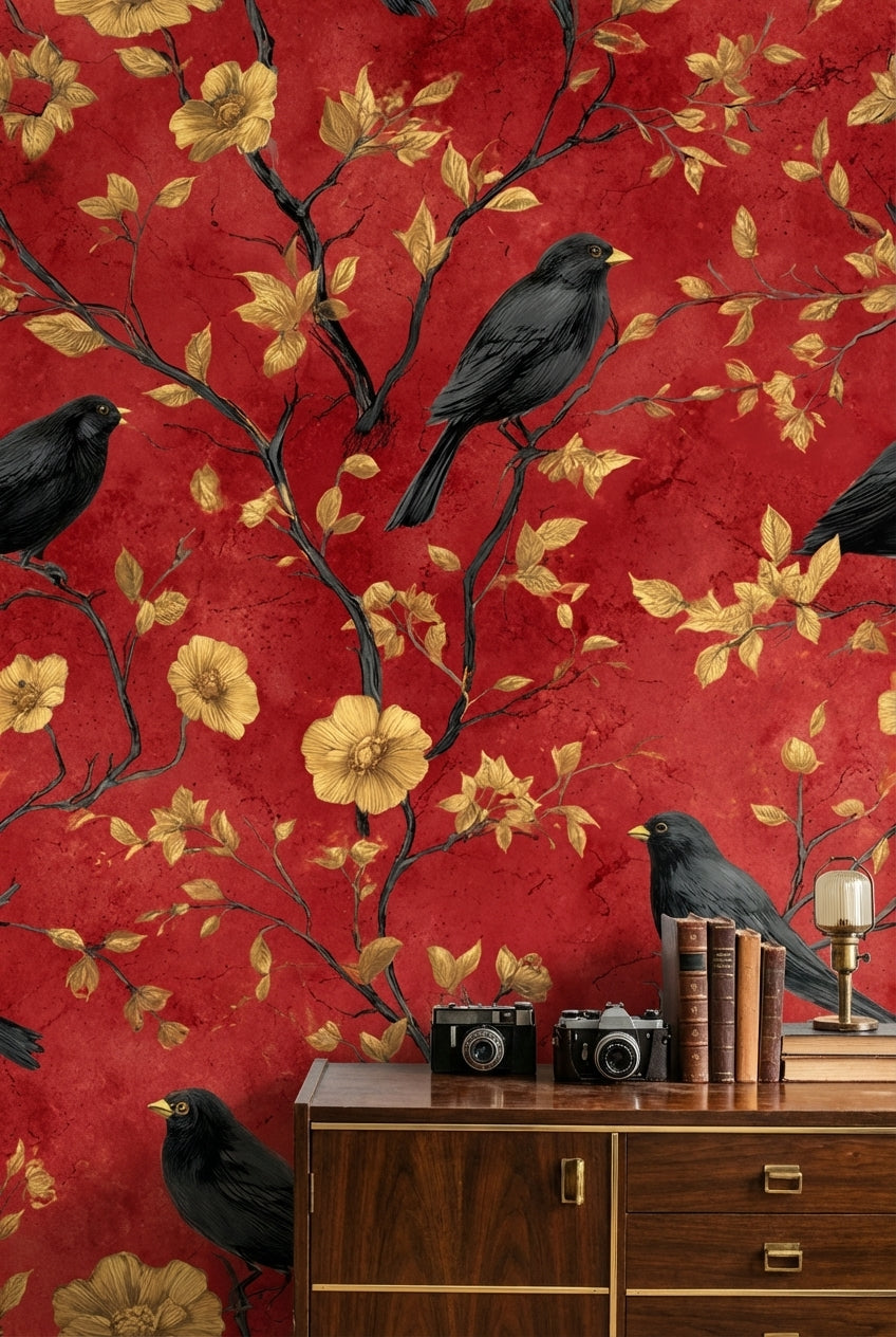 Kuş ve Çiçek Desenli Duvar Kağıdı Kırmızı Vintage Salon