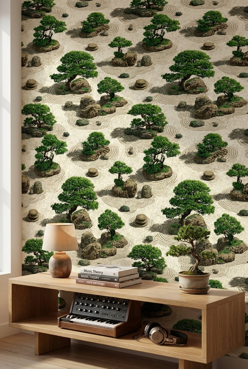 Zen Bahçesi Desenli Duvar Kağıdı Bej Yeşil Banyo Dekoru