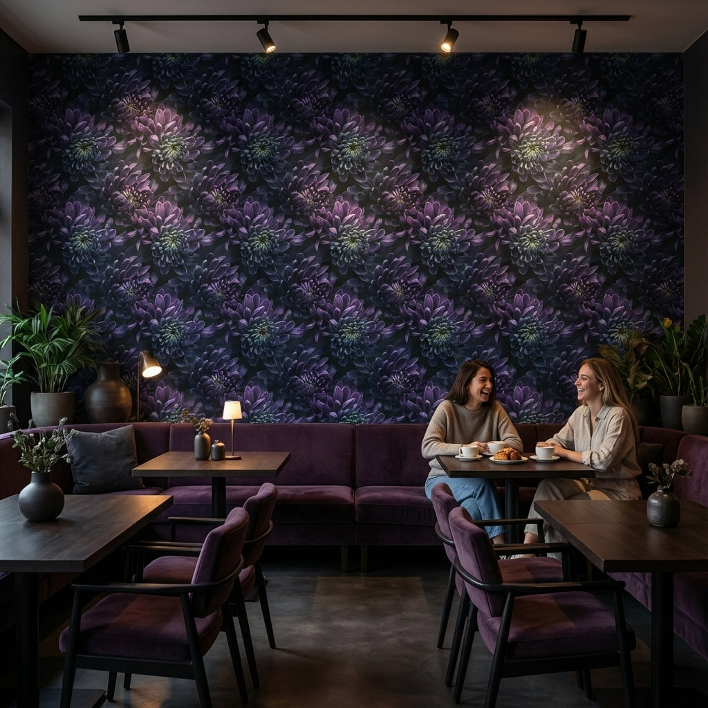 Koyu Mor Çiçek Desenli Duvar Kağıdı Modern Salon Dekoru