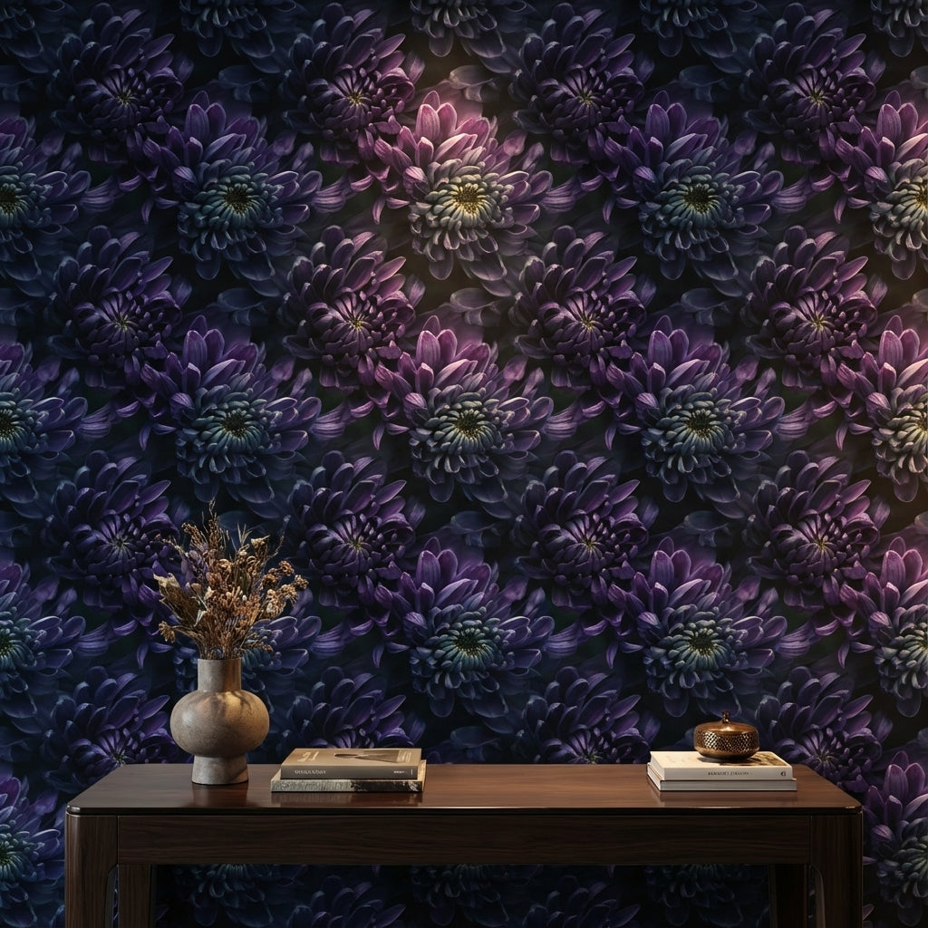 Koyu Mor Çiçek Desenli Duvar Kağıdı Modern Salon Dekoru