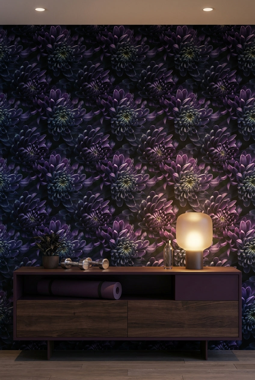 Koyu Mor Çiçek Desenli Duvar Kağıdı Modern Salon Dekoru