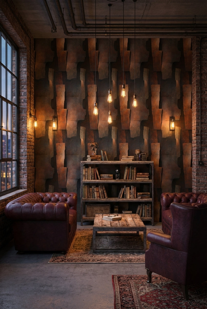 Soyut Geometrik Duvar Kağıdı Koyu Bakır Tonlu Modern Salon