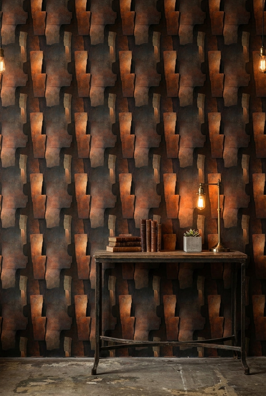 Soyut Geometrik Duvar Kağıdı Koyu Bakır Tonlu Modern Salon