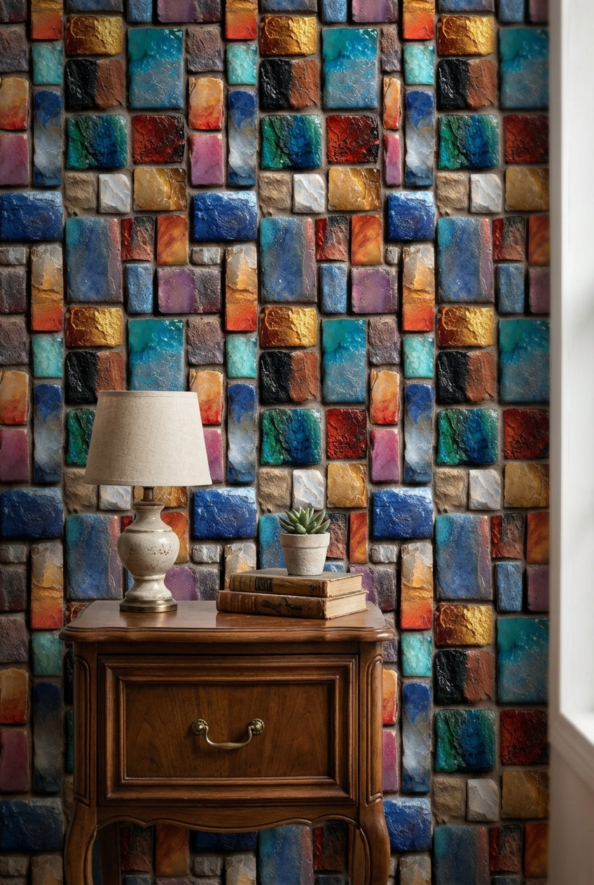 Renkli Mozaik Taş Desenli Duvar Kağıdı Modern Salon