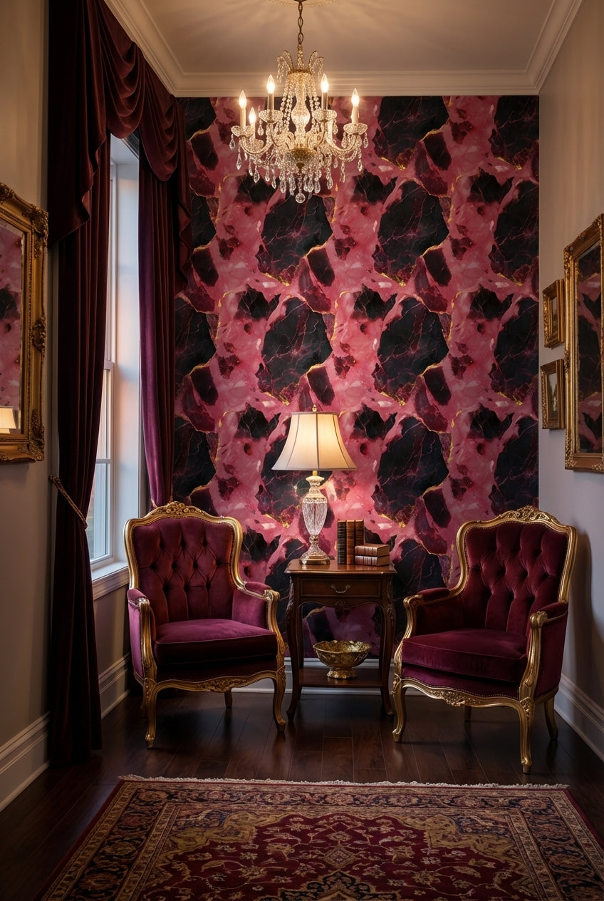 Pembe Siyah Mermer Desenli Duvar Kağıdı Altın Damarlı Salon