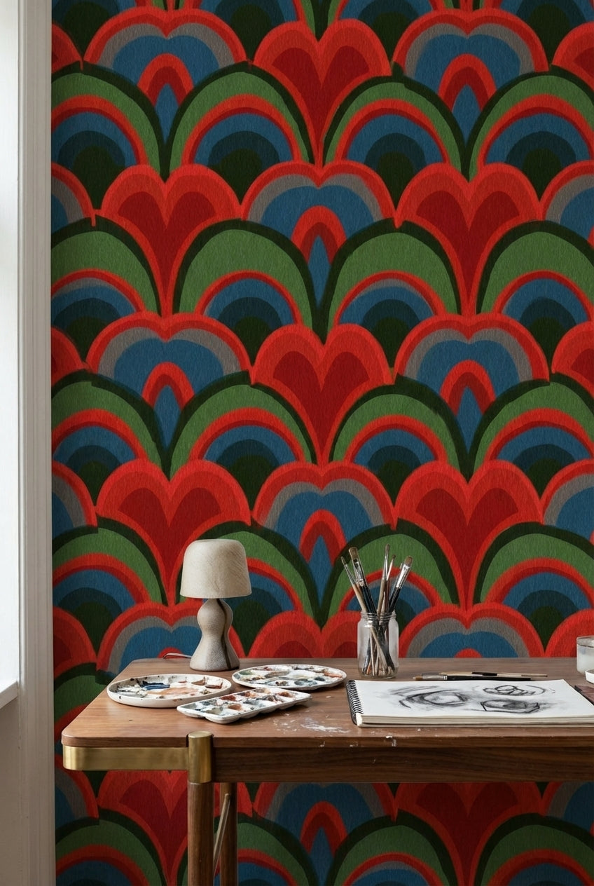 Art Deco Geometrik Duvar Kağıdı Kırmızı Yeşil Desen Salon