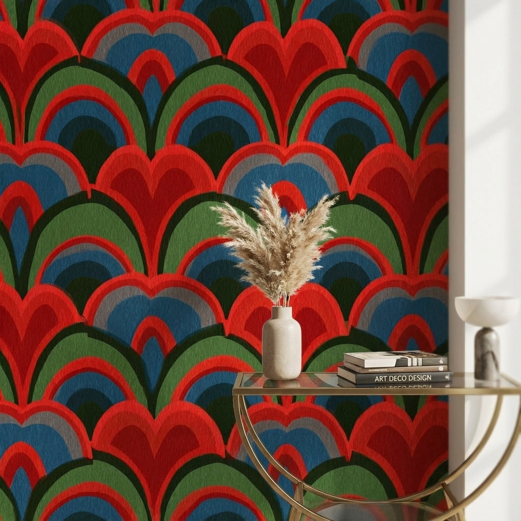 Art Deco Geometrik Duvar Kağıdı Kırmızı Yeşil Desen Salon