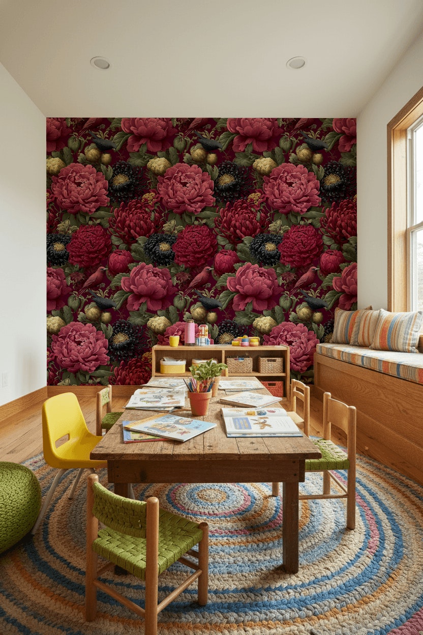 Bordo Zemin Şakayık Çiçekli Duvar Kağıdı Klasik Salon