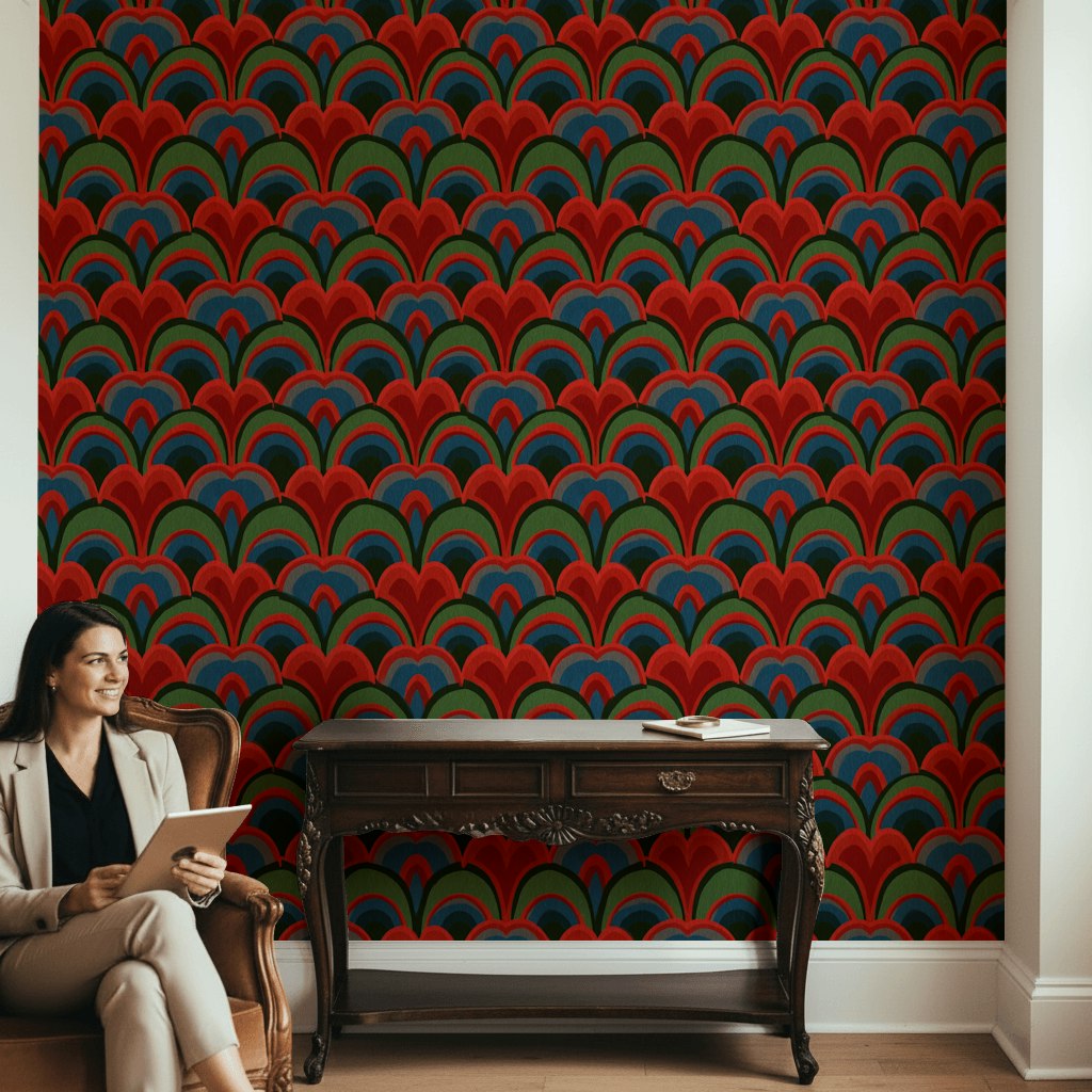 Art Deco Geometrik Duvar Kağıdı Kırmızı Yeşil Desen Salon